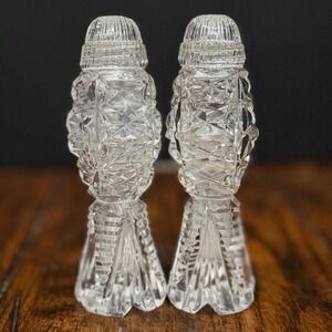 Vintage Cut Crystal Salt Pepper Shakers Pedestal Glass Set Diamond Cut Pattern